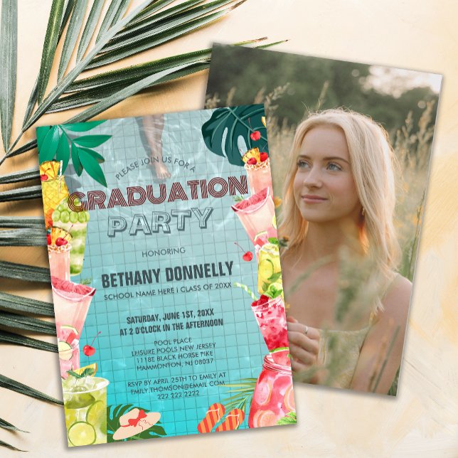 Invitación Fiesta de graduación de piscina de bebidas de frut (Tropical Summer Pool High School Graduation Party Invite )