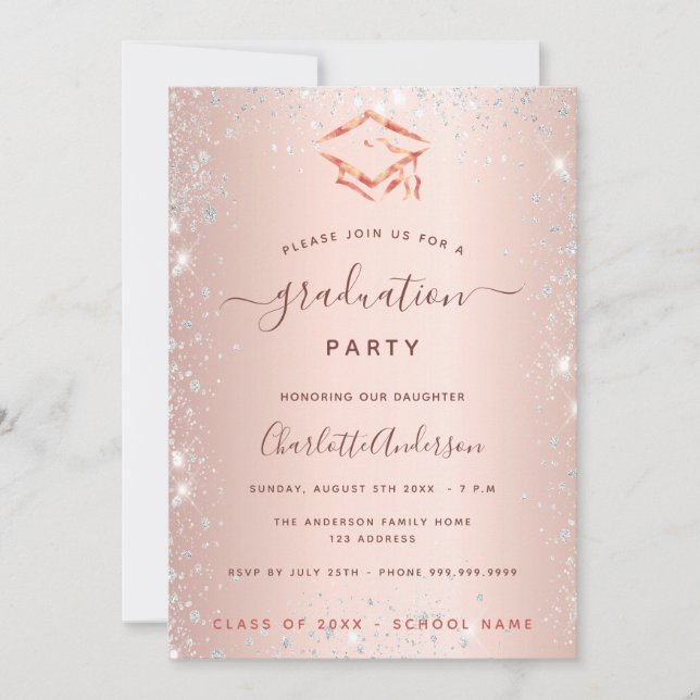 Invitación fiesta de graduación de plata de oro Rosa 2025 (Anverso)