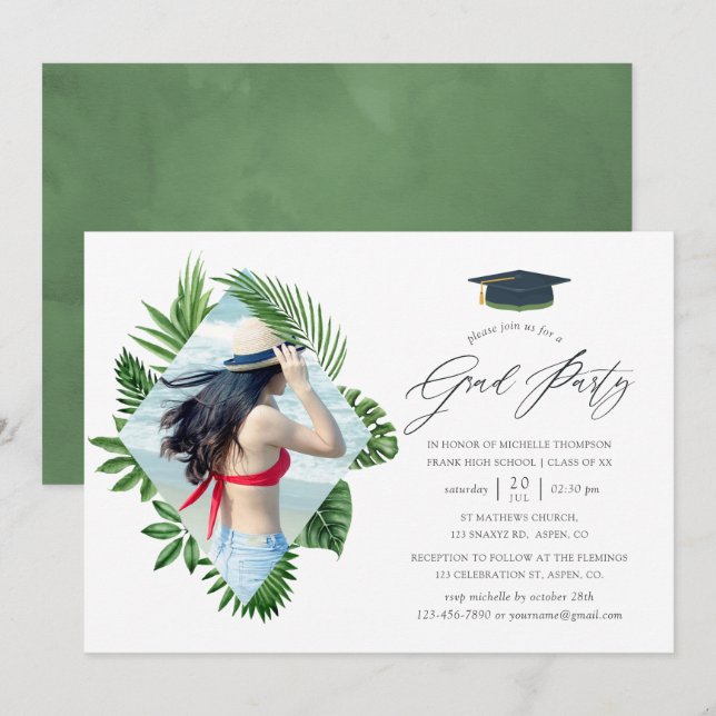 Invitación Fiesta de Graduación de Playa de Verano Tropical d (Anverso / Reverso)