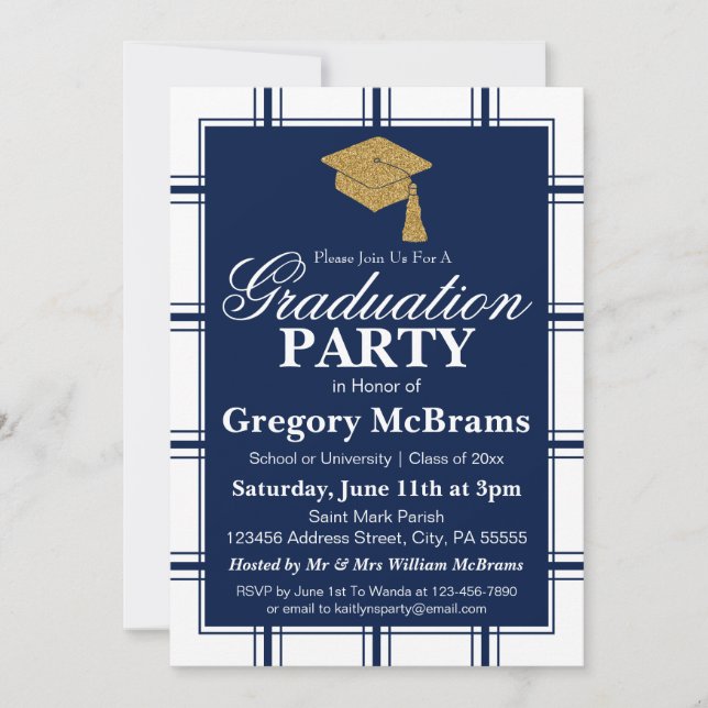 Invitación Fiesta de Graduación de Raya Azul Moderna (Anverso)