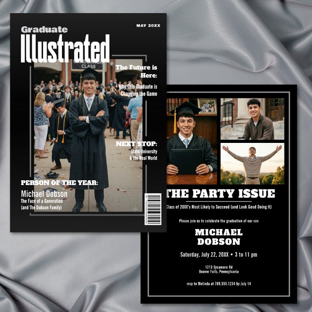 Invitación Fiesta de Graduación de Revista Cuatro Fotos Negra (Magazine Four Photo Black Graduation Party Invitation)