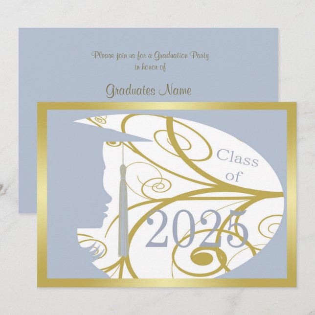 Invitación Fiesta de graduación de Sky Blue and Gold Silhouet (Anverso / Reverso)