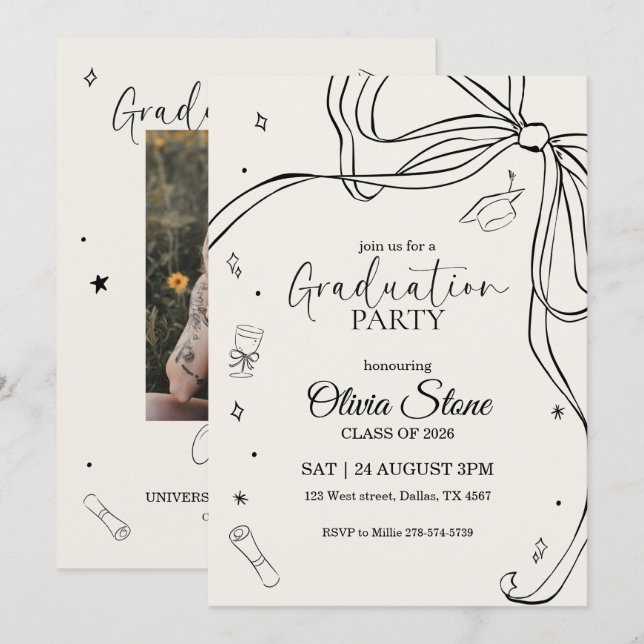 Invitación Fiesta de graduación de último año estilo Doodle d (Anverso / Reverso)