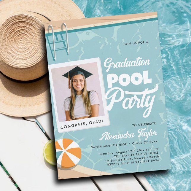 Invitación Fiesta de graduación  de verano elegante moderno f (graduation pool party invitations grad photo template cards summer calligraphy modern teal elegant)
