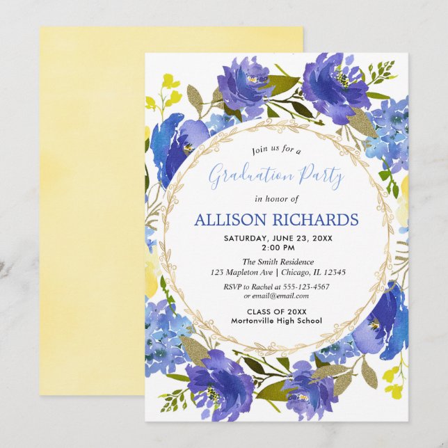 Invitación Fiesta de graduación de verano floral de oro amari (Anverso / Reverso)