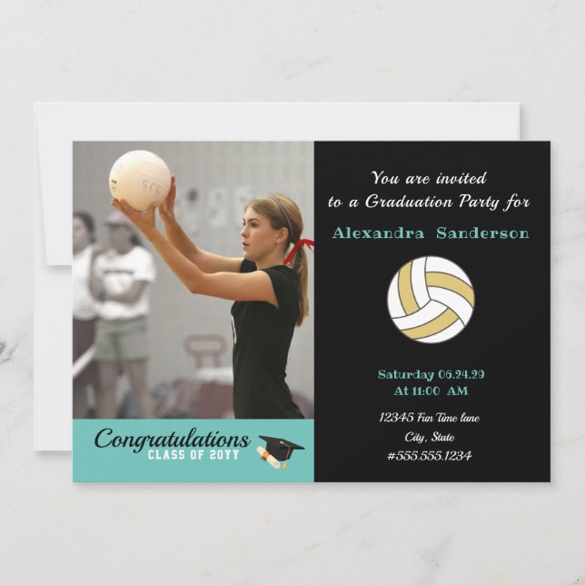 Invitación Fiesta de graduación de voleibol blanco negro y do (Anverso)