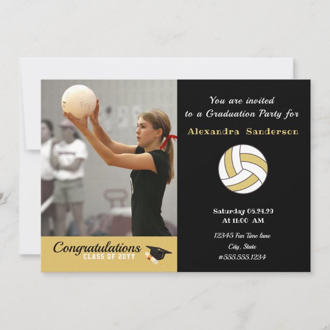 Invitación Fiesta de graduación de voleibol blanco negro y do (Anverso)