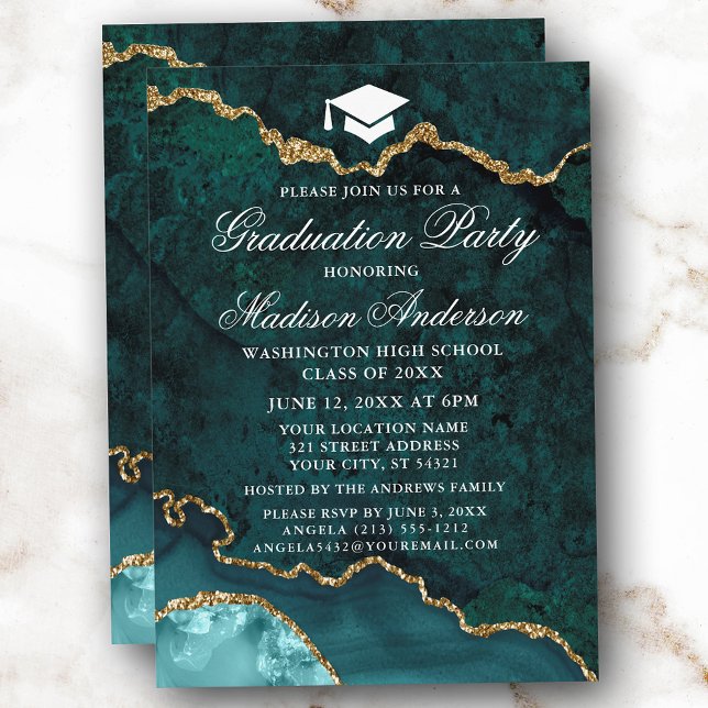 Invitación Fiesta de Graduación del Ácido de Mármol de Oro Ve (Customize to change text size, style or to add more text or photos to back of card.)