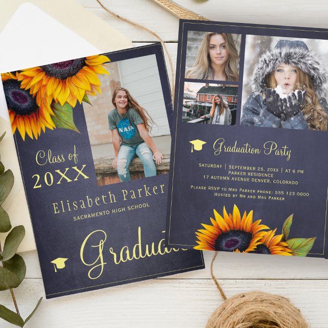 Invitación Fiesta de graduación del collage de oro de girasol (Subido por el creador)