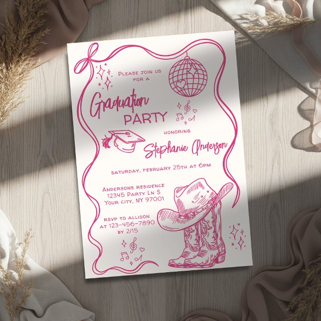 Invitación Fiesta de graduación disco occidental rosa dibujad (Subido por el creador)