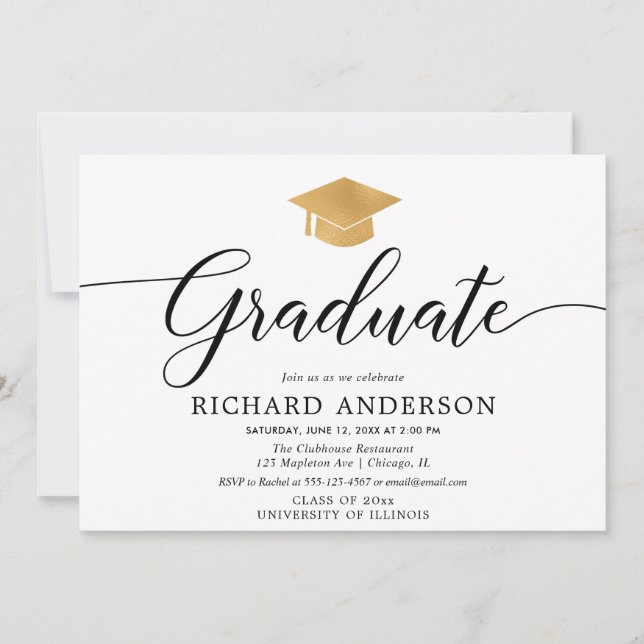 Invitación Fiesta de graduación dorada blanca, simple caligra (Anverso)