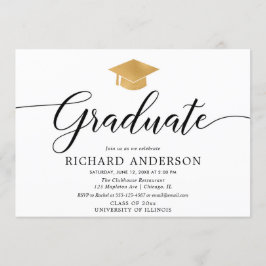 Invitación Fiesta de graduación dorada blanca, simple caligra