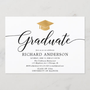 Invitación Fiesta de graduación dorada blanca, simple caligra