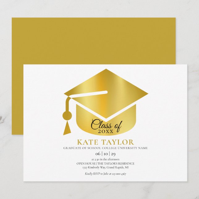 Invitación Fiesta de Graduación Dorada Simple Moderna (Anverso / Reverso)