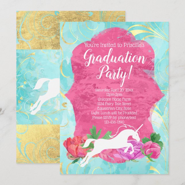 Invitación Fiesta de Graduación Ecuestre de Flor Unicornio (Anverso / Reverso)