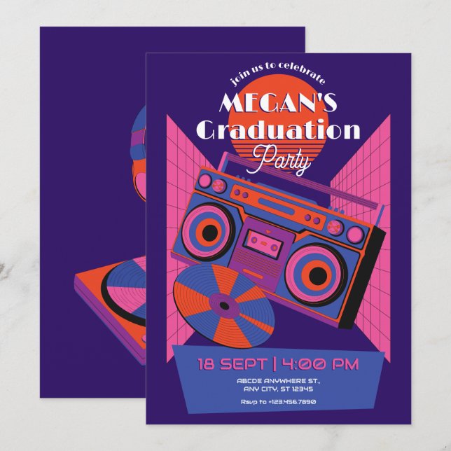 Invitación Fiesta de graduación electrónica de música de neón (Anverso / Reverso)