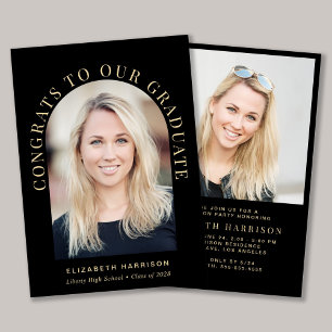 Invitación Fiesta de Graduación Elegante Arco Negro y Dorado