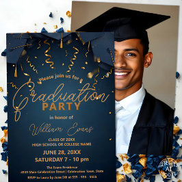 Invitación Fiesta de Graduación Elegante Azul y Dorado con Fo