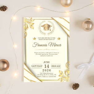 Invitación Fiesta de Graduación Elegante Blanco y Dorado