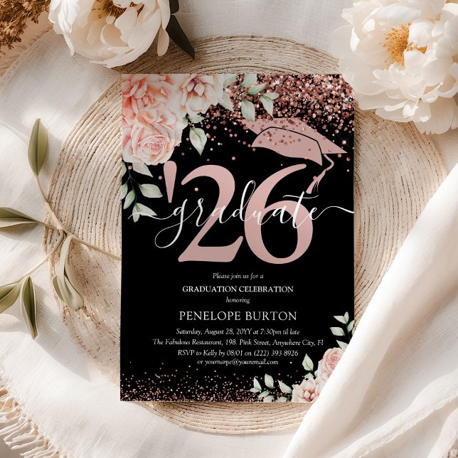 Invitación Fiesta de graduación elegante con flores rosadas y (Subido por el creador)