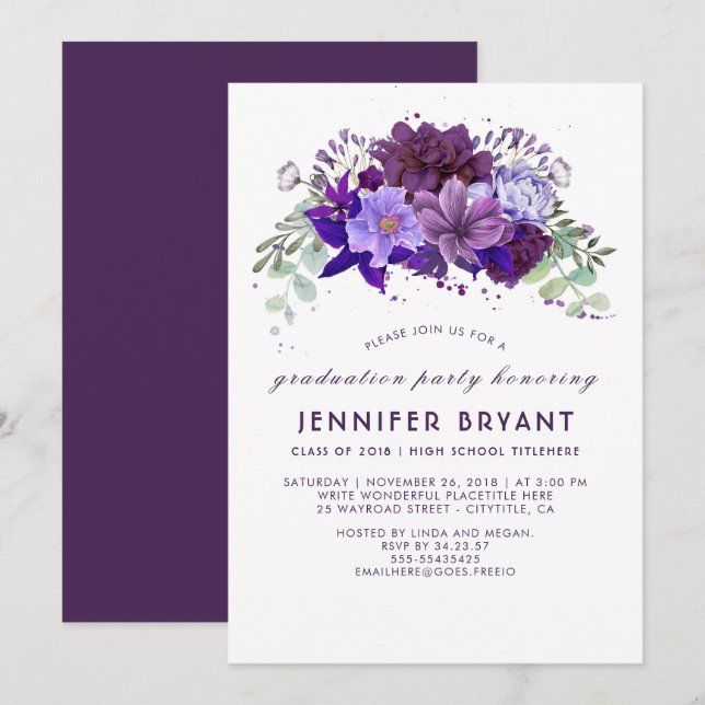 Invitación Fiesta de Graduación Elegante de Floral Fúrpura Pl (Anverso / Reverso)