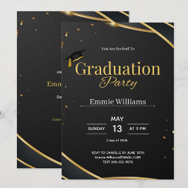 Invitación Fiesta de Graduación Elegante de Negro y Dorado