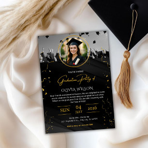Invitación Fiesta de Graduación Elegante de Negro y Dorado
