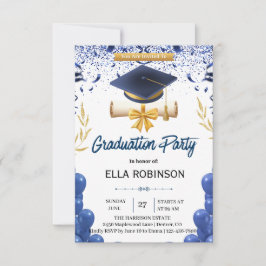 Invitación Fiesta de Graduación Elegante en Azul Marino y Dor