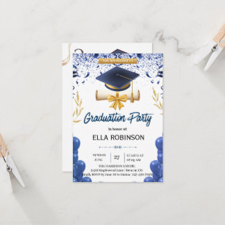 Invitación Fiesta de Graduación Elegante en Azul Marino y Dor