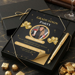 Invitación Fiesta de graduación elegante en oro y negro