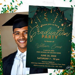 Invitación Fiesta de Graduación Elegante en Verde y Dorado co