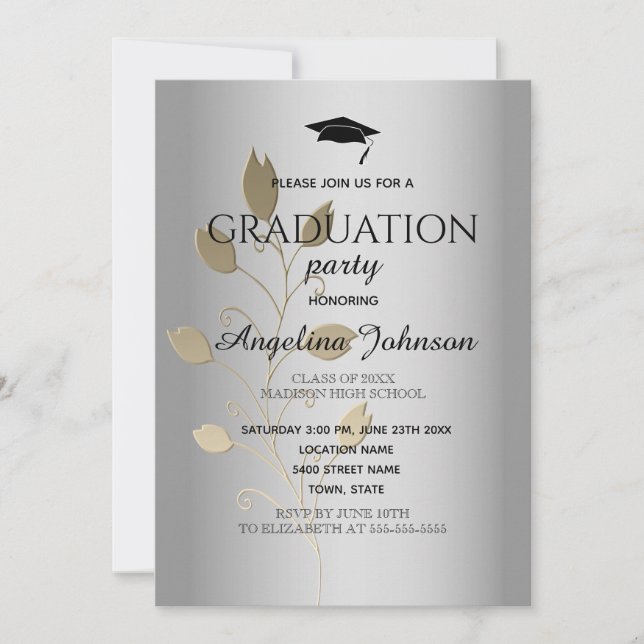 Invitación Fiesta de Graduación Elegante Oro y Plata (Anverso)