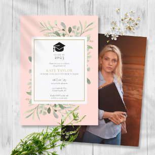 Invitación Fiesta de Graduación Elegante Verde con Rosa Tímid
