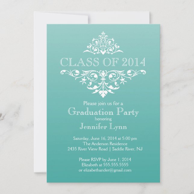 Invitación Fiesta de graduación elegante y formal Verde azula (Anverso)