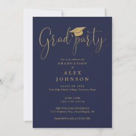 Invitación Fiesta de graduación en azul marino y dorado con g