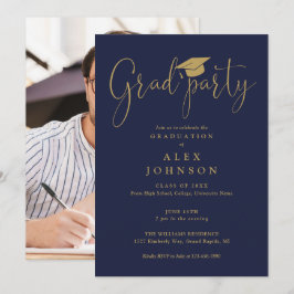 Invitación Fiesta de graduación en azul marino y dorado Foto 
