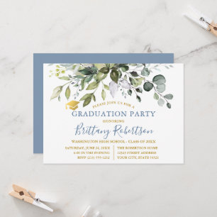 Invitación Fiesta de Graduación en Azul Polvoriento con Verde