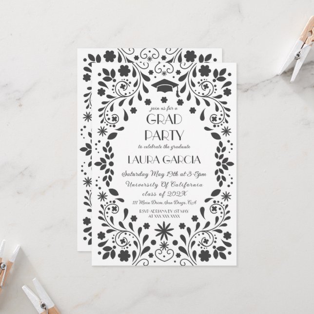 Invitación Fiesta de graduación en blanco y negro (Anverso/Reverso In Situ)