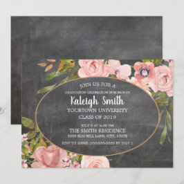 Invitación Fiesta de graduación en pizarra floral rosa de jar
