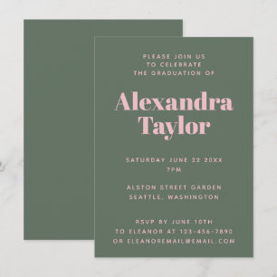 Invitación Fiesta de Graduación Estética Rosa Verde Retro Lin