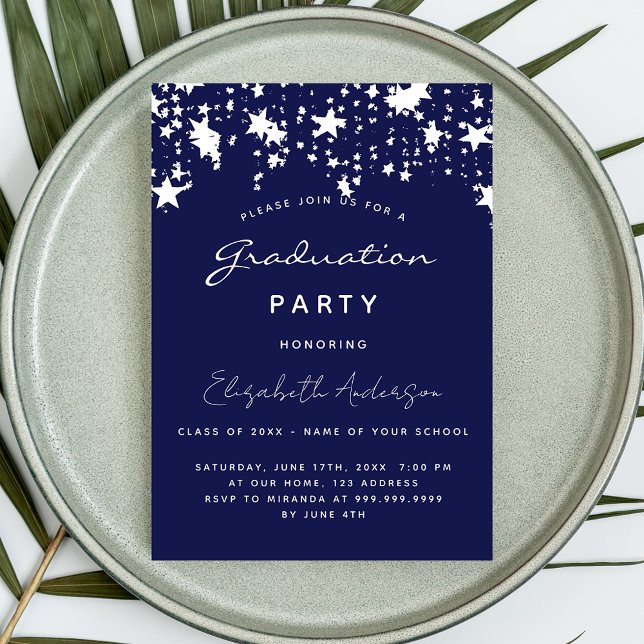 Invitación Fiesta de graduación estrellas blancas azul marino (Subido por el creador)