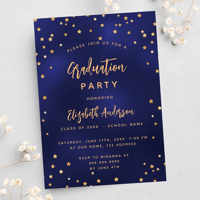 Invitación Fiesta de graduación estrellas de oro azul marino  (Subido por el creador)