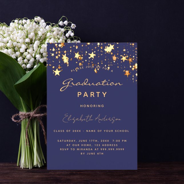 Invitación Fiesta de graduación estrellas de oro azul marino (Subido por el creador)