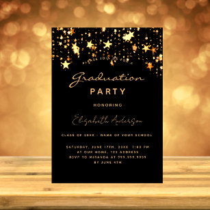 Invitación Fiesta de graduación estrellas de oro negro elegan