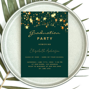 Invitación Fiesta de graduación estrellas de oro verde esmera