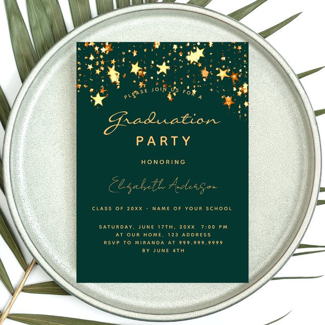 Invitación Fiesta de graduación estrellas de oro verde esmera (Subido por el creador)