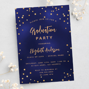 Invitación Fiesta de graduación estrellas doradas azul marino