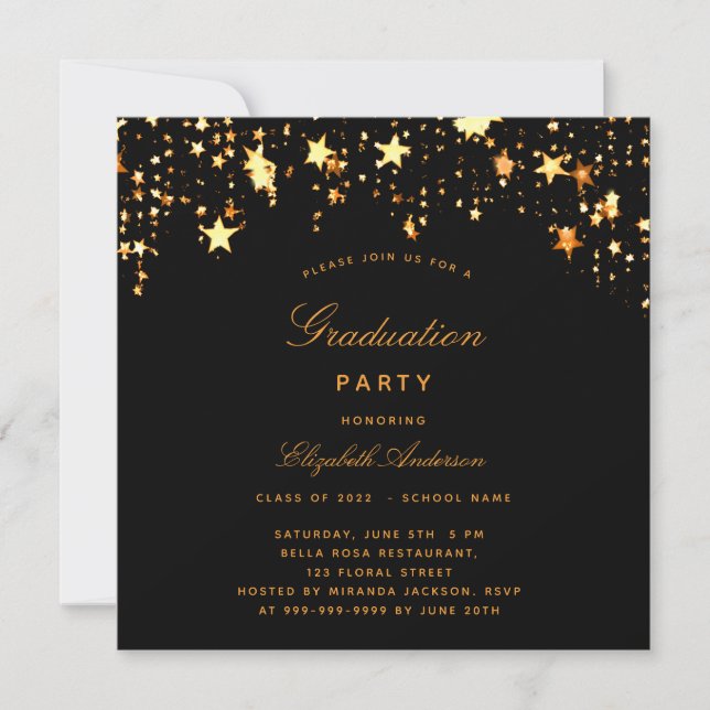 Invitación Fiesta de graduación estrellas negras doradas clas (Anverso)