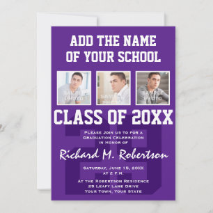 Invitación Fiesta de graduación estudiantil morado y blanco