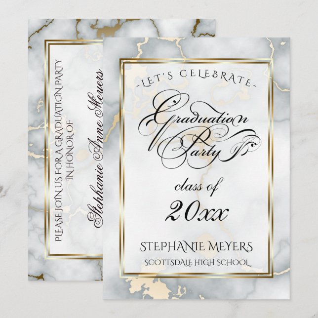 Invitación Fiesta de graduación Faux Italian Gold Marble (Anverso / Reverso)
